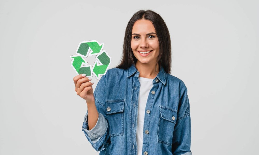Young,Caucasian,Woman,Girl,Eco-activist,Holding,Recycling,Logo,Sign,For